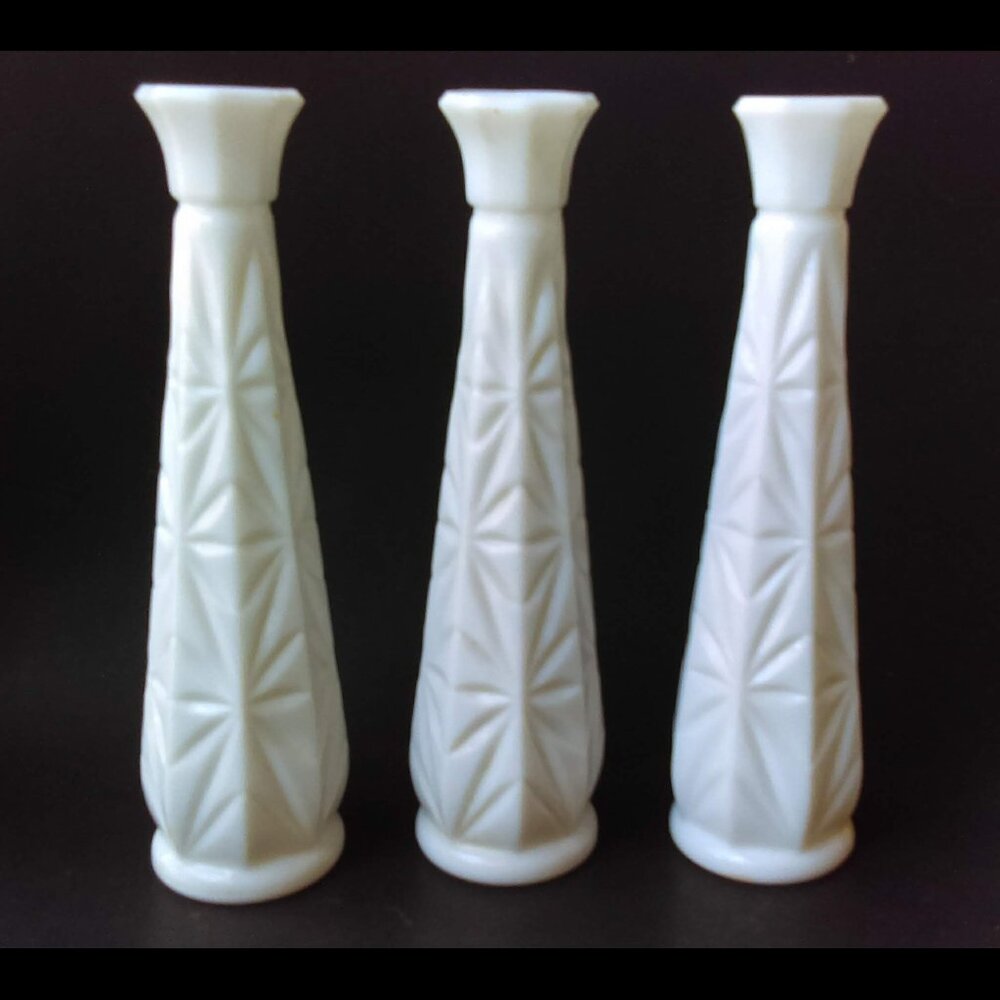 Vintage White Milk‎ Glass Flower Bud Vase Starburst Pattern 9" - Set of 3